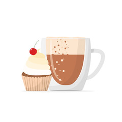 Glass cup of cappuccino or late with a muffin. Cupcake with cherry and coffee. Vector illustration