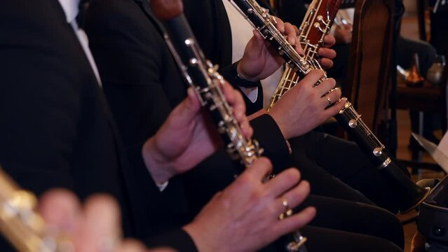 Clarinetists performing classical music in symphony orchestra, Closeup view
