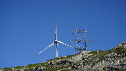 San Gottardo Mountain Pass, Switzerland. A wind turbine working at high mountain. The generator and...