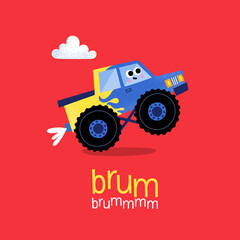 Cute monster truck. 4x4 Giant wheels. Children Vector Illustration. © Isabel