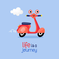 Retro Vintage Motorcycle. Life is a Journey. Children Character Vector Illustration. 