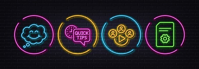 Smile, Video conference and Quick tips minimal line icons. Neon laser 3d lights. File settings icons. For web, application, printing. Comic chat, Remote business, Helpful tricks. Vector