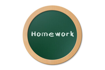 The word Homework written on a green chalkboard and isolated on a white background.
