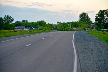 Asphalt road in the forest in the evening