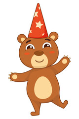 Cartoon adorable bear in a red party hat. Baby vector illustration