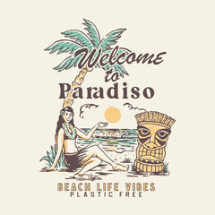 hula girls illustration paradise vintage beach tropical design t shirt - obrazy, fototapety, plakaty