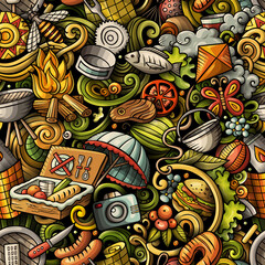 Obraz premium Picnic hand drawn doodles seamless pattern. BBQ background.