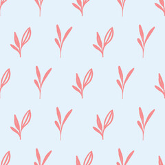 Cute vintage wallpaper surface pattern design with pink leaves over sky blue background. Elegant and feminine surface pattern design for vintage floral dress or girly clothes and retro home wear or