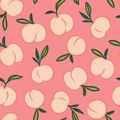 Peach pattern repeat in coral background - sweet fruit spring summer design print. Vector illustration. Great for kids and fun home decor. Surface pattern design.