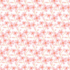 Seamless pattern with pink cherry blossom on white background. Sakura flower vector illustration. Surface pattern design for asian weddings or spring and summer botanical designs.