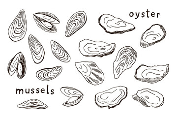 PrintOysters and mussels vector illustrations line set