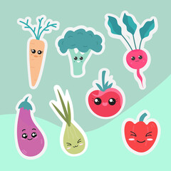 Cartoon vector sticker with vegetables cute eyes broccoli, carrot, pepper, radish, onion, eggplant