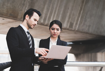 Businessman and Businesswoman creative marketing online trading through the internet. Communication technology for professional meeting real time. Concept of business communication, digital marketing.