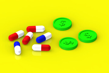 red and blue capsules lie on a yellow background with reflection. there are green coins nearby. expensive medicine. medication. Horizontal image. 3D rendering. 3D image
