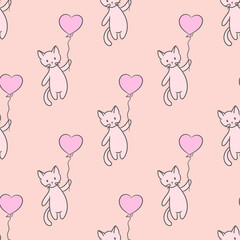 Cute pink vector pattern with cats holding on to a balloon