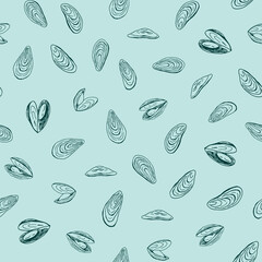 Mussels sea food vector seamless pattern