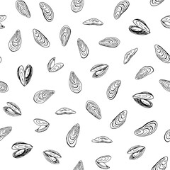 Mussels sea food vector seamless pattern