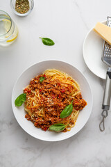Top view of bolognese spaghetti pasta tomato sauce basil food