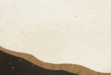 濃茶と金の波模様　和紙　青海波　渋い和風背景　ハガキ比率