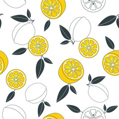 Seamless lemon pattern with black, white and yellow colors. Cute and cartoon background.