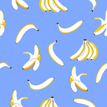 Seamless Banan Pattern With Blue, Yellow And White Colors. Cute And Cartoon Background.