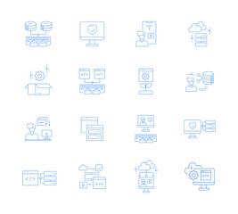 Fototapeta premium Trendy flat line icon pack for designers and developers. Icons for website and app development, programming, seo, website maintenance, online security, responsive design, cloud computing.