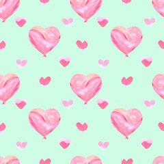 Handdrawn heart seamless pattern. Watercolor pink and cream heart on the mint background. Scrapbook design, typography poster, label, banner, textile.