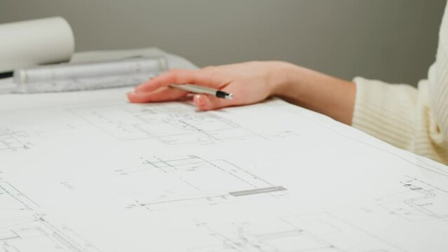 Architect designer drawing plan blueprint close-up. Professional engineer working, interior creator making architectural house project, drafting building.