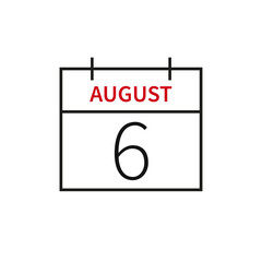 Calendar with date 6 august, line icon month name and date. Flat vector illustration for UI graphic design.