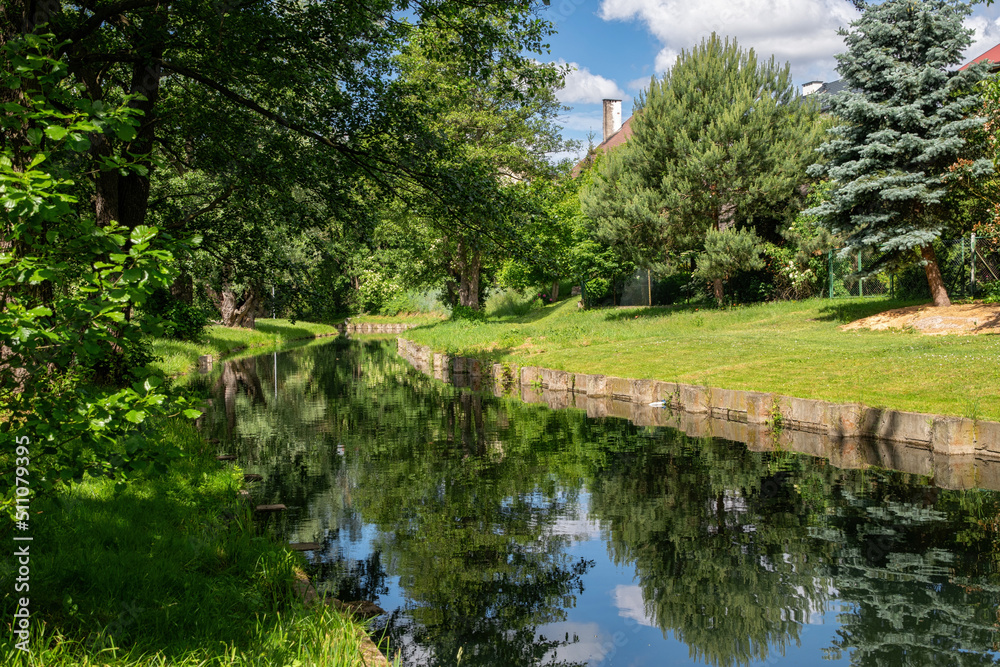 Canvas Prints Rural landscape, river among green meadows