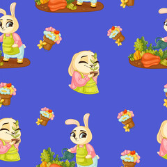 Beautiful seamless pattern on a blue background with cute rabbits and flowers. Texture for scrapbooking, wrapping paper, invitations. Vector illustration.