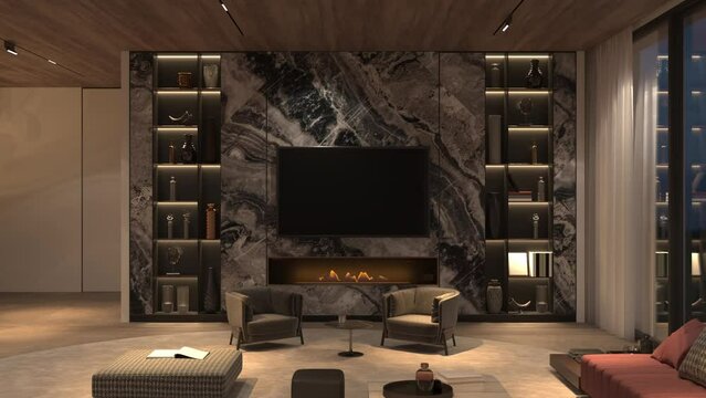 4K 3d render illustration video. Modern luxury interior design living room with fireplace, night lighting and wooden ceiling. Mock up book, tv.
