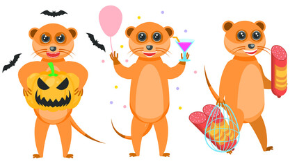 Set Abstract Collection Flat Cartoon Different Animal Meerkats Comes With A Bag Of Sausage, With A Pumpkin And Bats Around, Celebrating Birthday Vector Design Style Elements Fauna Wildlife