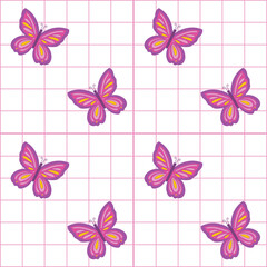 Fototapeta na wymiar Pink and White Grid chekers seamless pattern with colorful butterfly. Y2K 90s 2000s seamless pattern vector background. Retro vintage nostalgic girlish repeat texture design.