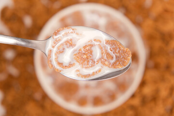 Cereal flakes from wheat and milk in a spoon on a white background close-up