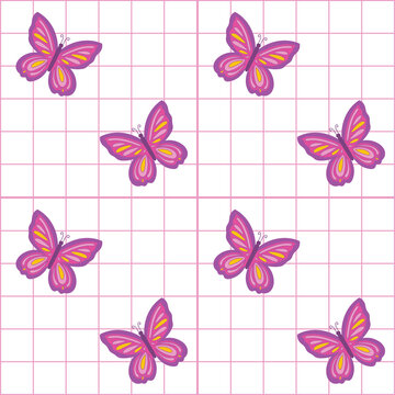 Pink and White Grid chekers seamless pattern with colorful butterfly. Y2K 90s 2000s seamless pattern vector background. Retro vintage nostalgic girlish repeat texture design.