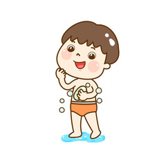 Cartoon kids take a shower.