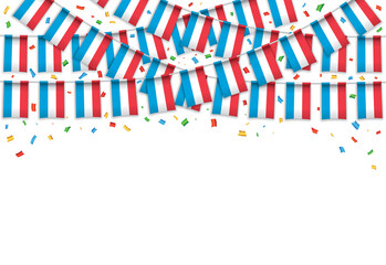 Fototapeta premium Luxembourg flags garland white background with confetti, Hang bunting for National Day celebration template banner, Vector illustration