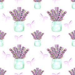 Handdrawn lavender flowers seamless pattern. Watercolor purple lavender in a vase with a bow on the white background. Scrapbook design, typography poster, label, banner, textile.