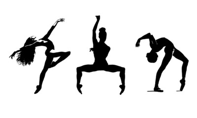 Dancer Silhouette Set. Woman Graceful Movement. Street Dance, Hip Hop Style. Flexible Acrobatic Hands Up Jumping. Vector People on White Background. Passion in Dance. Energy Feeling. Dance Performance
