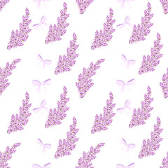 Handdrawn lavender flowers seamless pattern. Watercolor purple lavender bouquet with bow on the white background. Scrapbook design, typography poster, label, banner, textile.