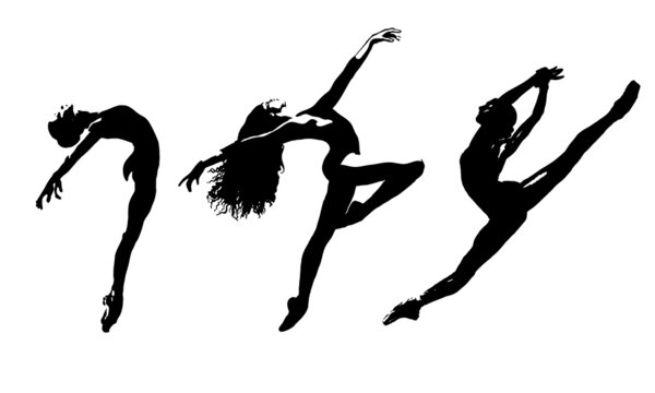 Ballet Dancer. Dancer Silhouette Set. Woman Graceful Movement. Classical Dance Style. Flexible Acrobatic Hands Up Jumping. Vector Girl on White Background. Passion in Dance. Ballerina Performs. 