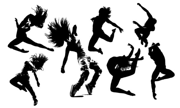 Dancer Silhouette Set. Woman Graceful Movement. Street Dance, Hip Hop Style. Flexible Acrobatic Hands Up Jumping. Vector People on White Background. Passion in Dance. Energy Feeling. Dance Performance