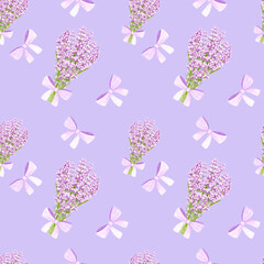 Handdrawn lavender flowers seamless pattern. Watercolor purple lavender on the purple background. Scrapbook design, typography poster, label, banner, textile.