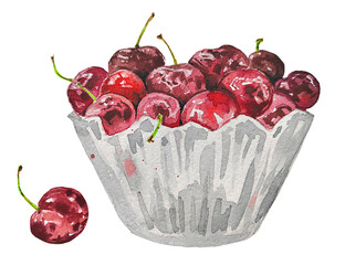 Cherries in a vase, watercolor illustration