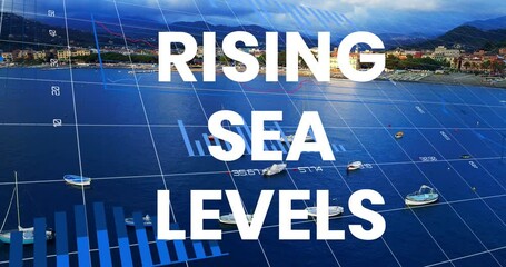 Animation of rising sea levels over financial graph and seascape - Powered by Adobe