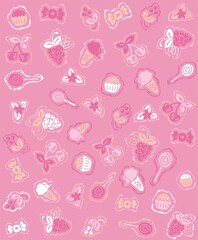 Print with background with Ice cream, candy and cherries