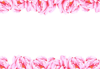 Fototapeta na wymiar Handdrawn Watercolor pink peony flowers frame boarder on the white background. Scrapbook design, wedding invitation, label, banner, post card.