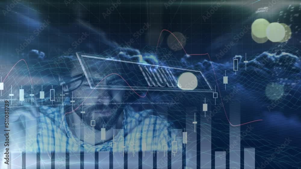 Poster animation of data processing over clouds, caucasian male programmer and black background