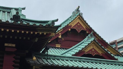 Detail of Shinto shrine architectural details, “Kandamyojin” year 2022 June 15th.  Rainy weekday in Tokyo Japan.